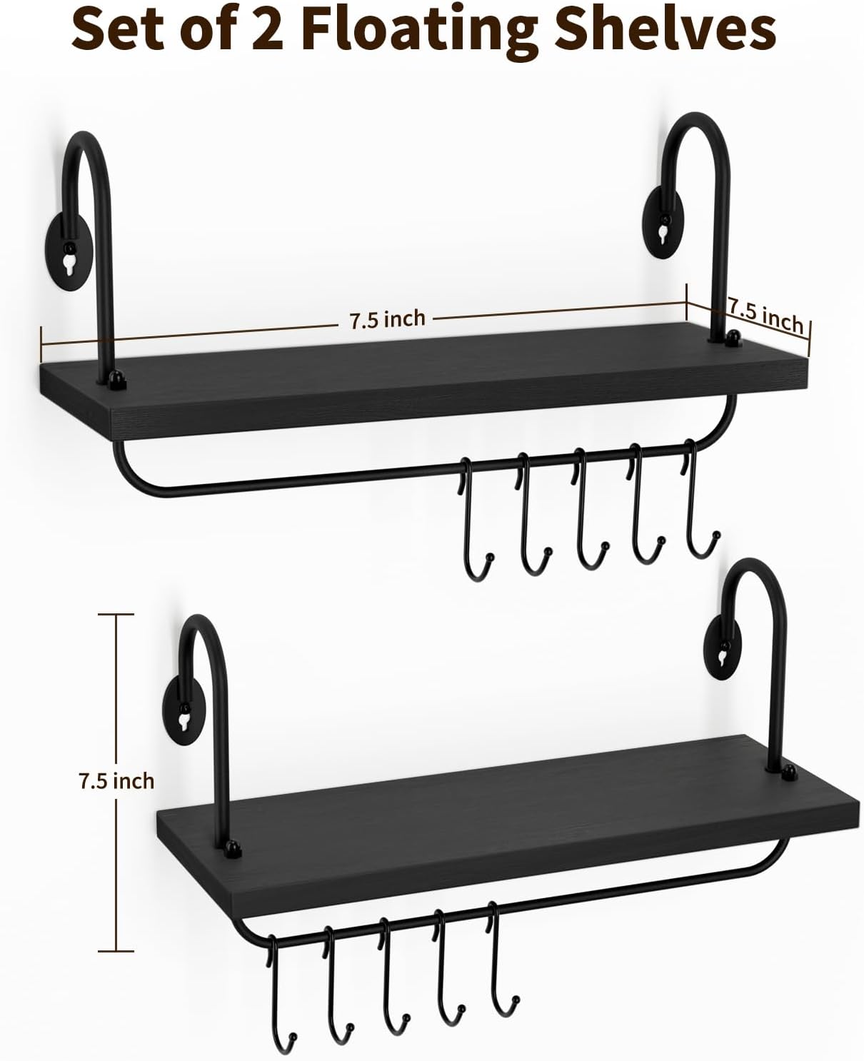 Olakee Floating Wall Shelves Set of 2 with 10 Adjustable Hooks Black