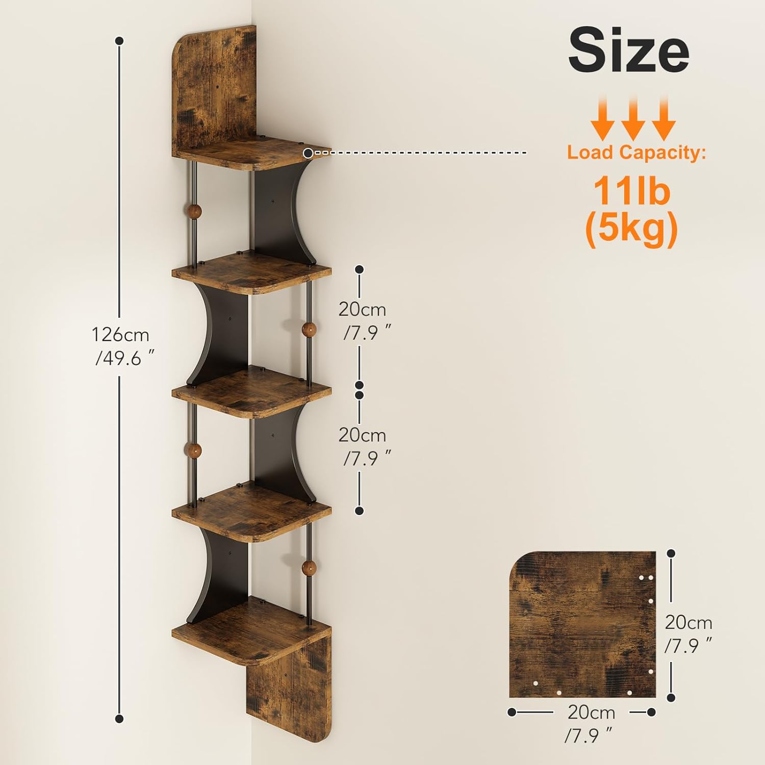 Wisdom Star 5-Tier Corner Shelf Wall-Mounted Rustic Design