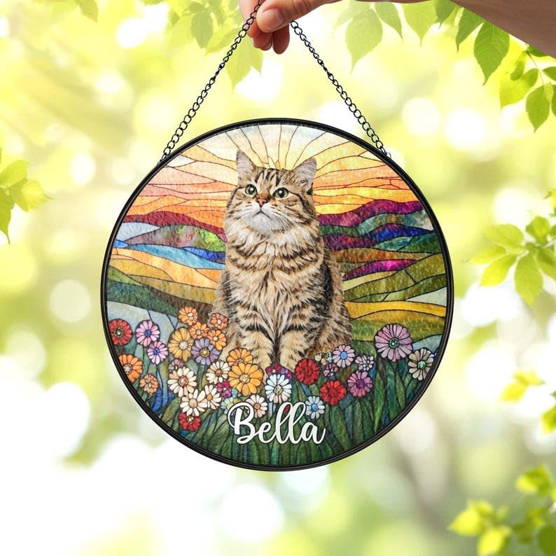Custom Pet Stained Glass Ornament - Personalized Pet Name Photo Memorial Decor