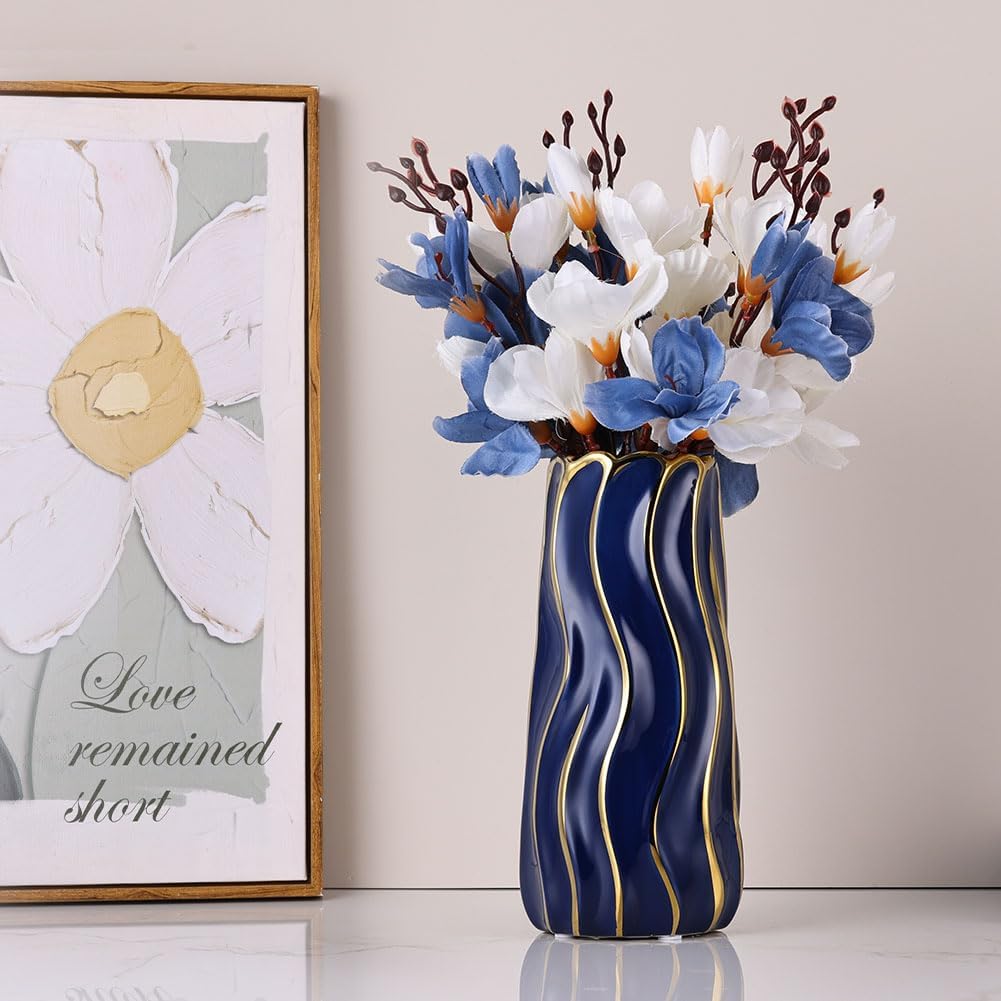95 Inch Blue Ceramic Vase with Gold Accents