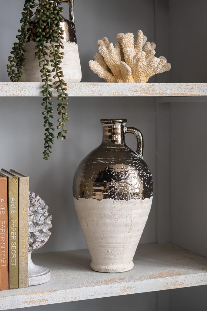 15 Inch Tall Decorative Terracotta Jug Vase with Bronze and Tan Finish
