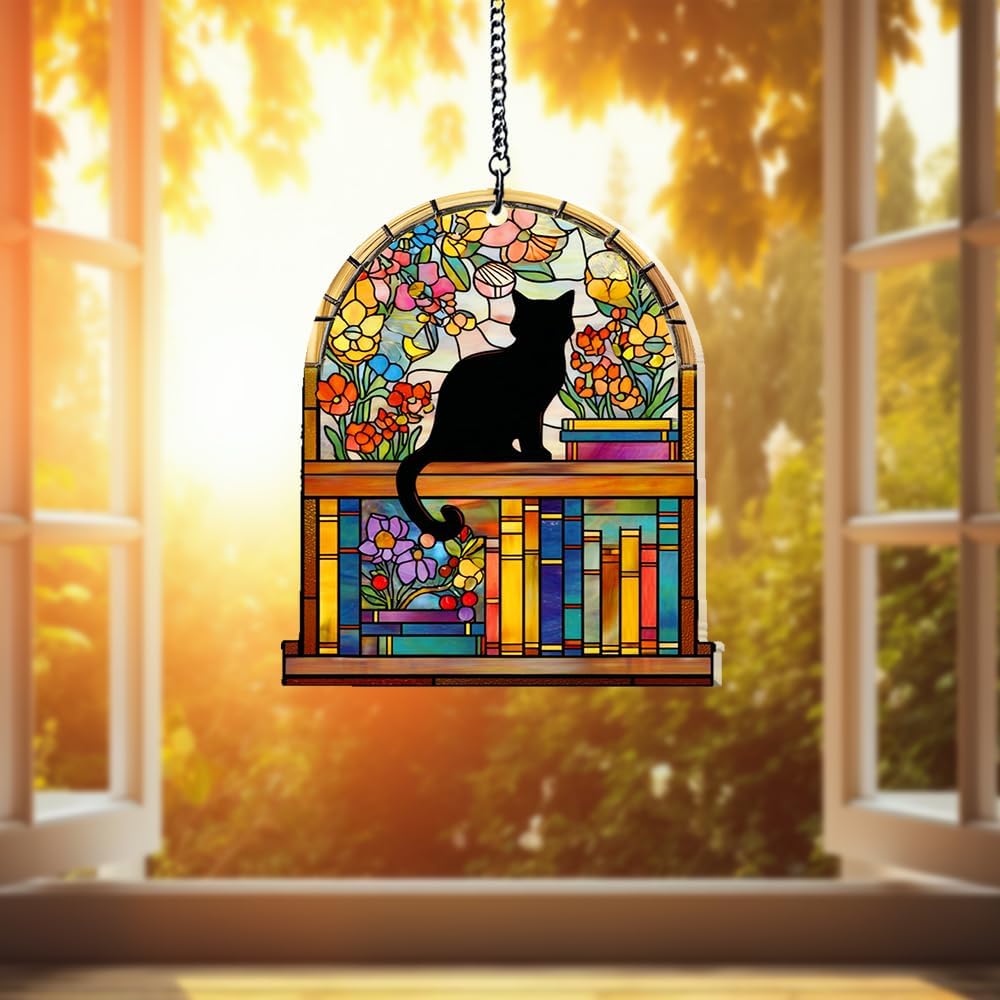 Custom Cat Books Suncatcher - Book Lover Decor Hanging Window Ornament