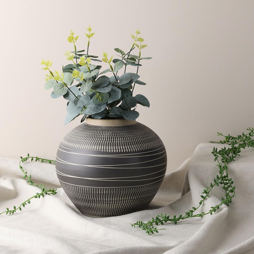Modern Ceramic Vase with Black and Grey Stripes