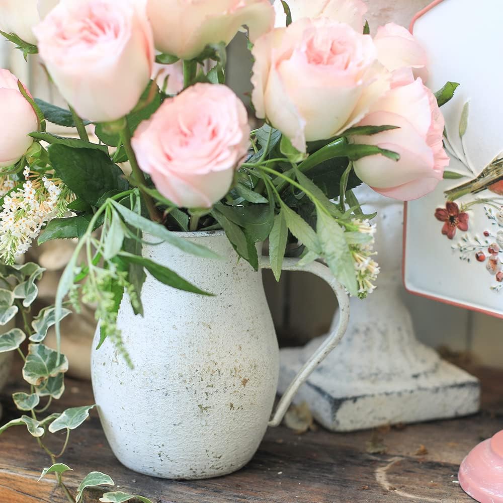 Rustic White Vintage Metal Flower Vase for Farmhouse Decor