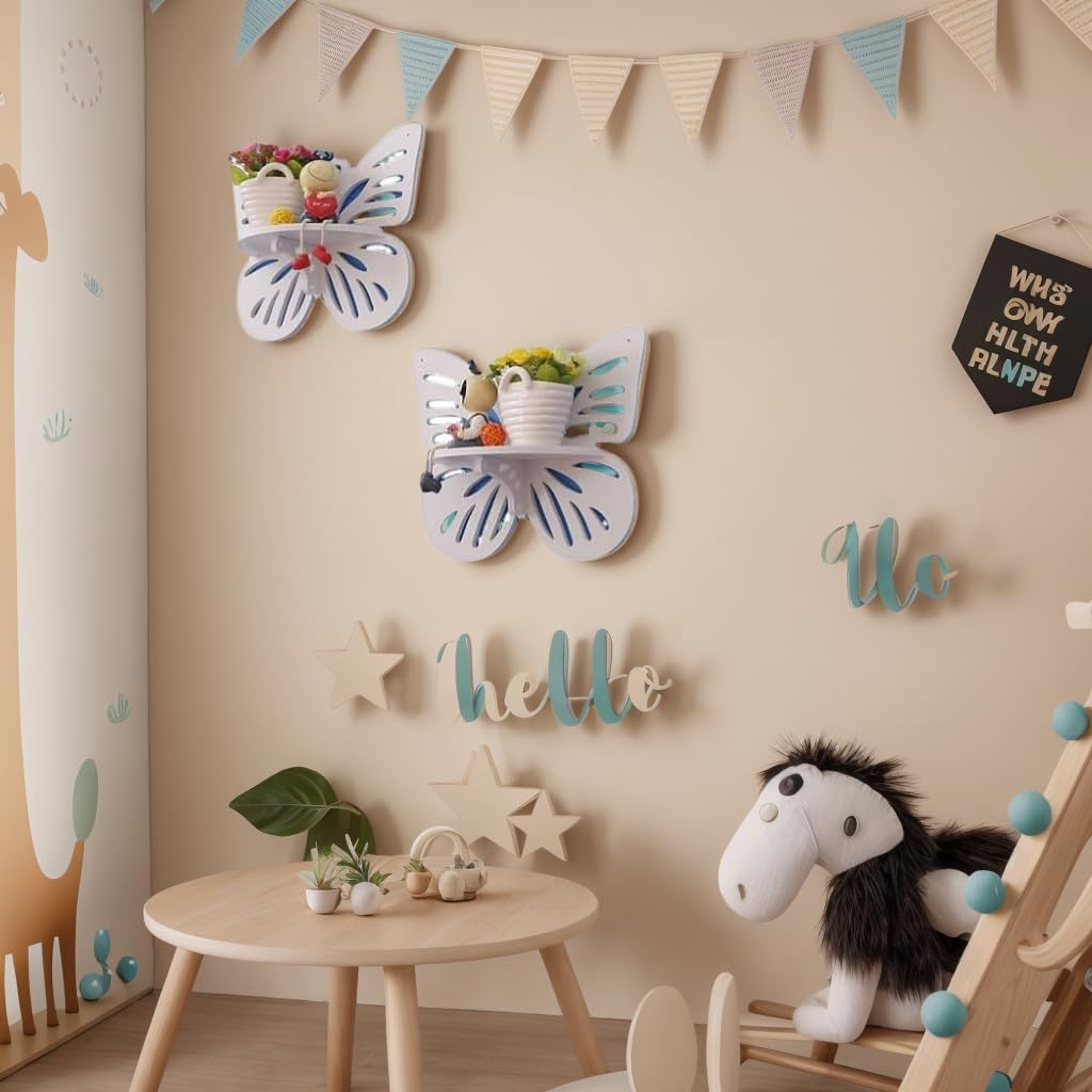 2PCS Butterfly Wall Shelf Cute Floating Storage for Kids Room and Nursery Decor