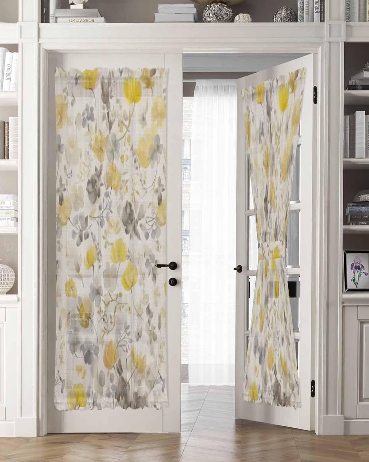 Yellow Flowers Door Curtains with Tiebacks for French Doors