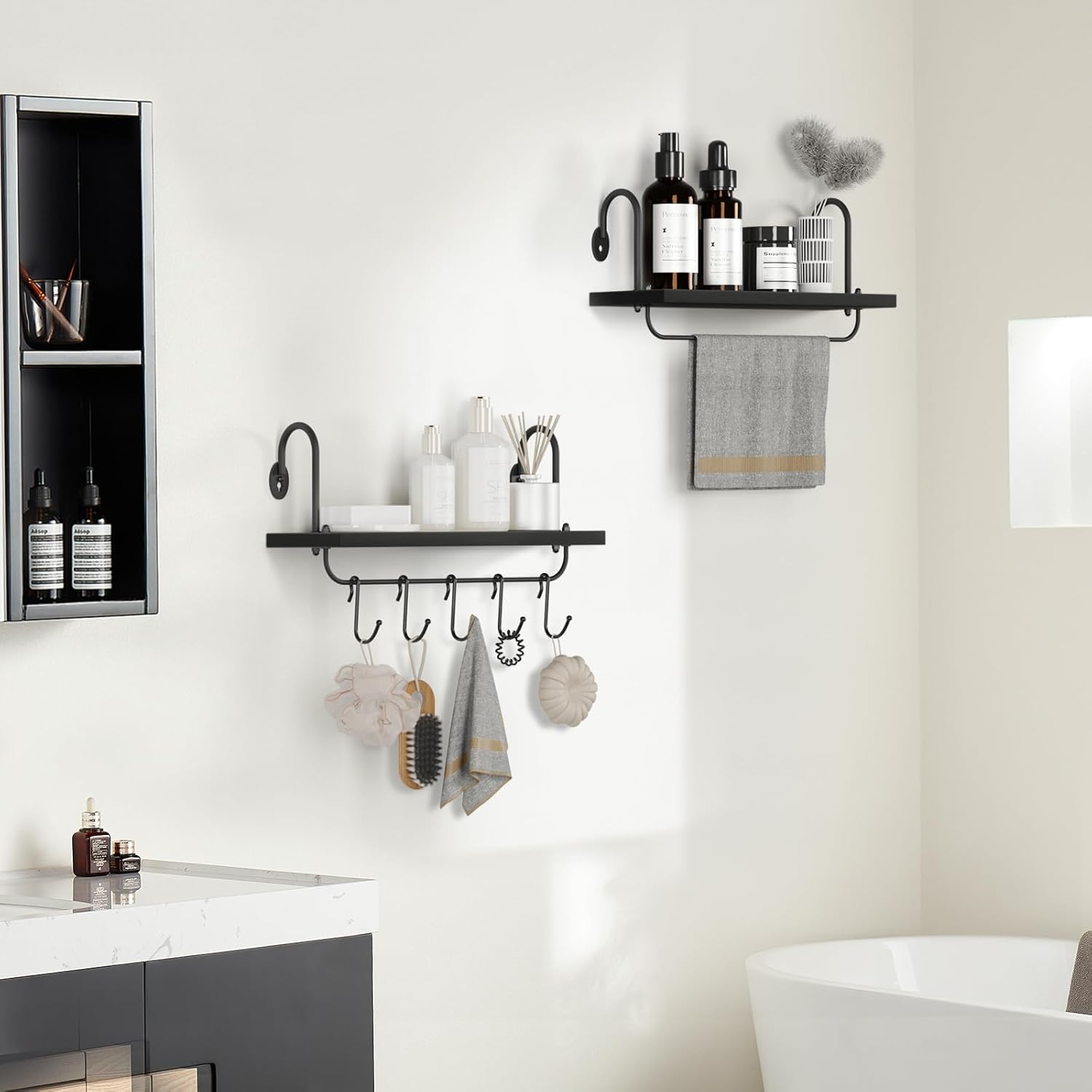 Olakee Floating Wall Shelves Set of 2 with 10 Adjustable Hooks Black