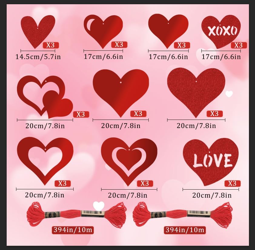 Red Glitter Heart Hanging Decorations 30 Pcs Foil Valentine Set