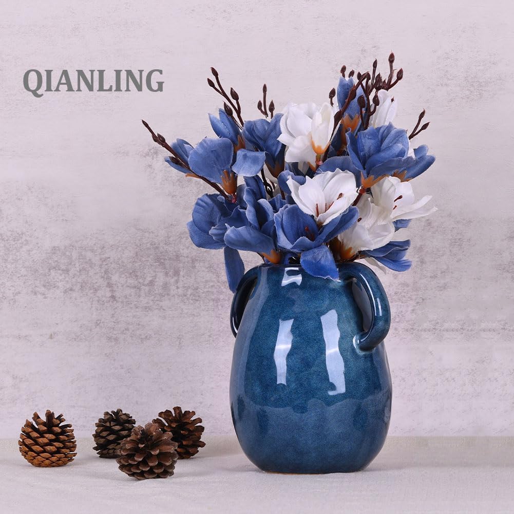 Blue Ceramic Vase with 2 Handles Modern Farmhouse Decor