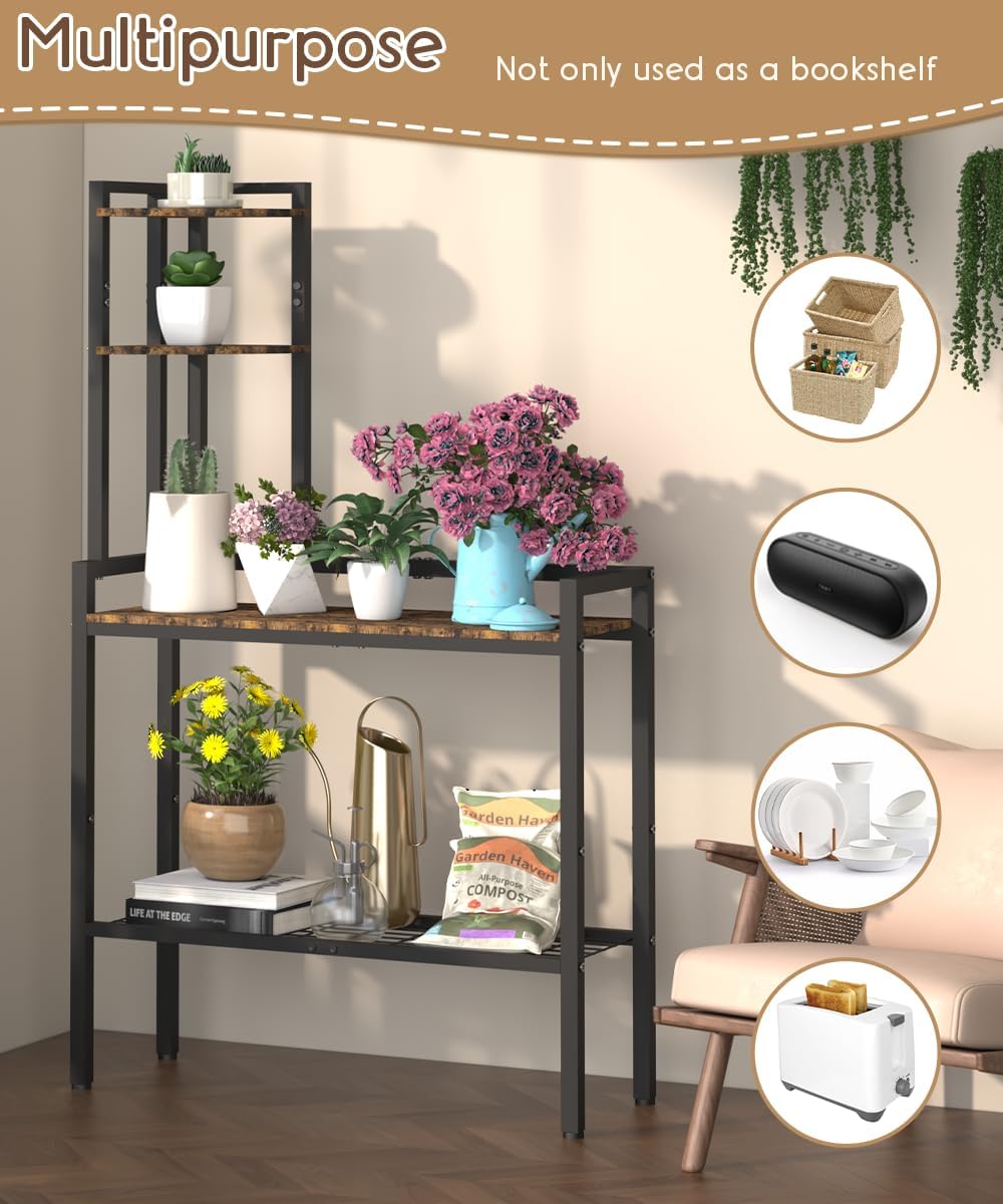 4 Tier Corner Shelf Stand 56 Inch Freestanding Book Storage Rack with Metal Frame Black
