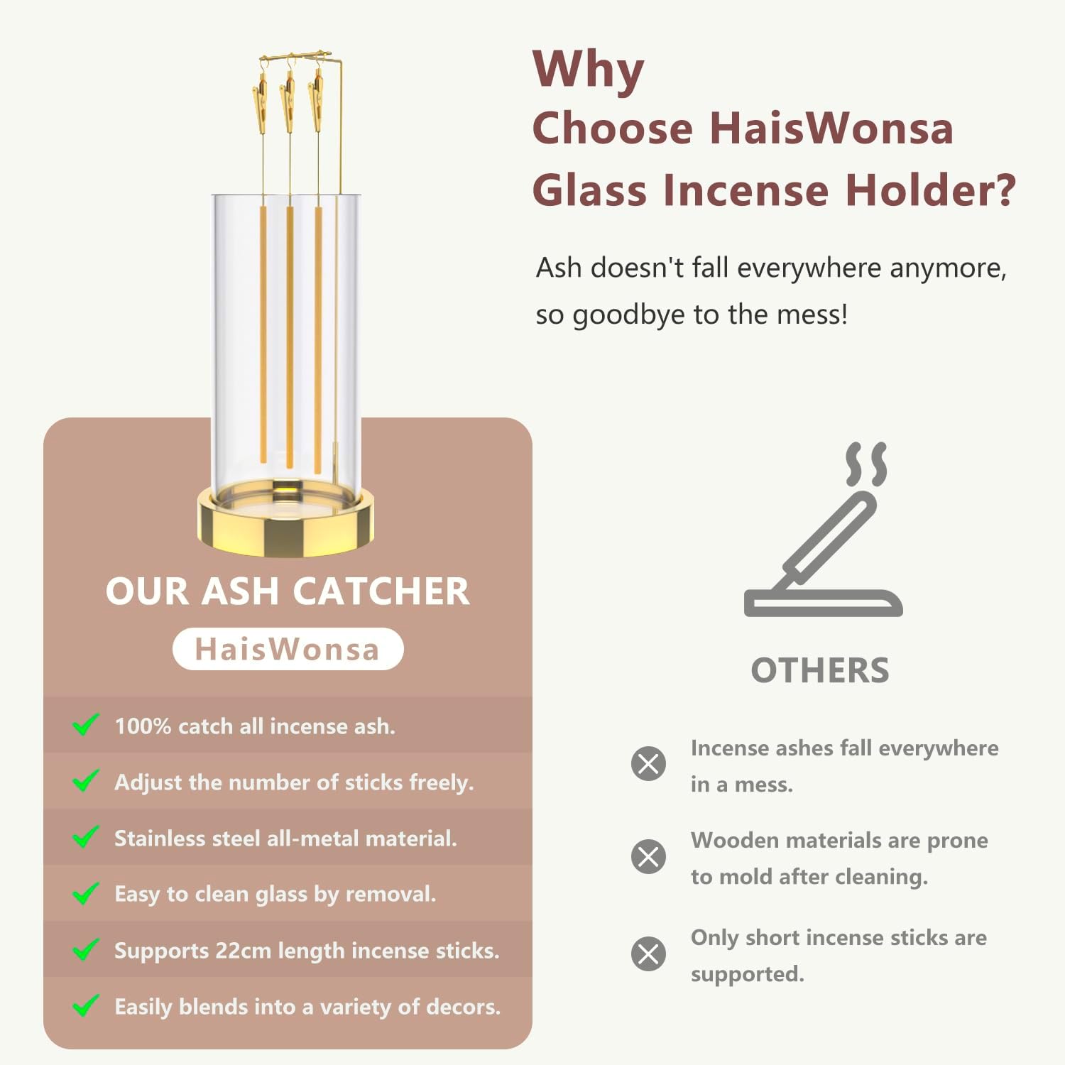 HaisWonsa Incense Holder Ash Catcher - Gold Modern Metal Vertical Burner for Sticks