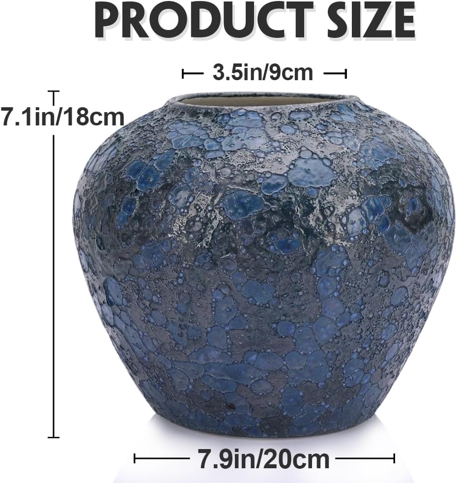 Rustic Large Blue Ceramic Vase for Home Decor