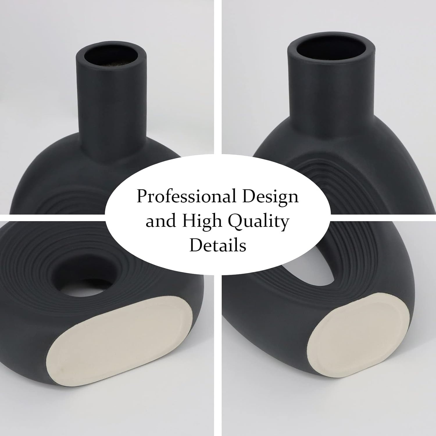 LZV Ceramic Vase Set of 2 Black Minimalist Nordic Boho Style
