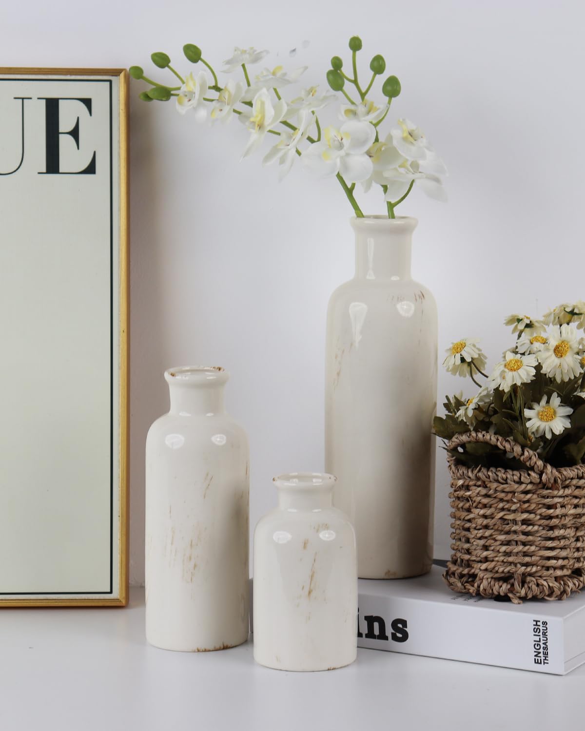 CheeryStow White Ceramic Vase Set of 3 - Crackle Glaze Farmhouse Decor