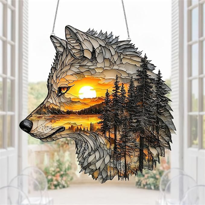 Wolf Sunset Acrylic Suncatcher 8x8 Inches Wall Decor