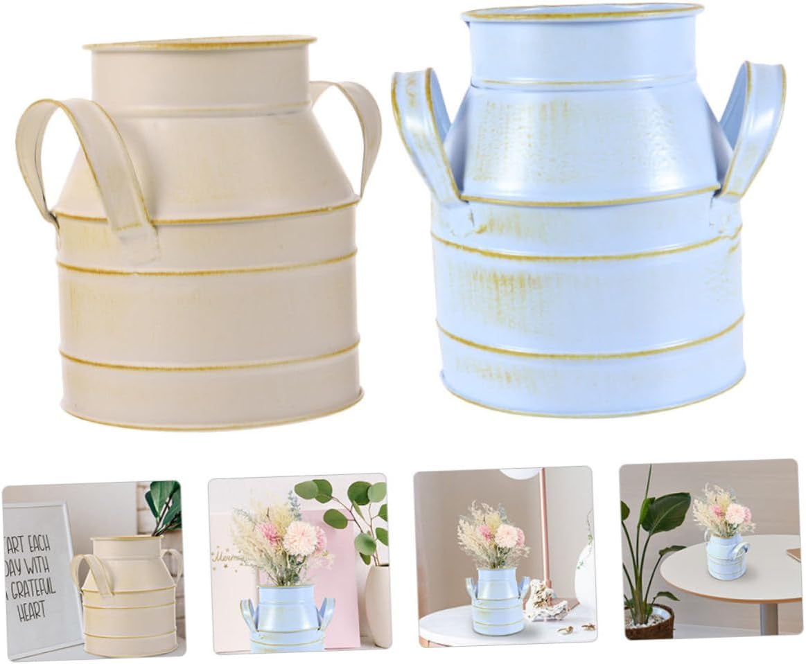 Cabilock 2pcs Retro Style Desktop Flower Bucket with Double Ears Iron Decorative Vase