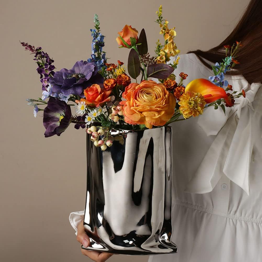 Modern Minimalist Silver Metallic Luster Ceramic Flower Vase