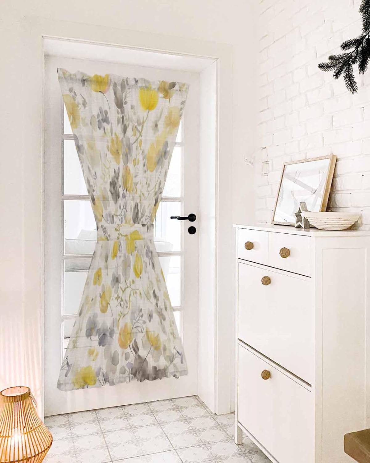 Yellow Flowers Door Curtains with Tiebacks for French Doors