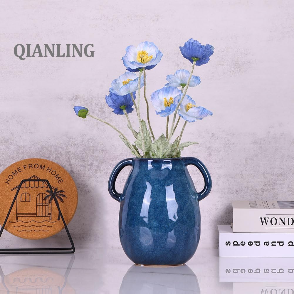 Blue Ceramic Vase with 2 Handles Modern Farmhouse Decor