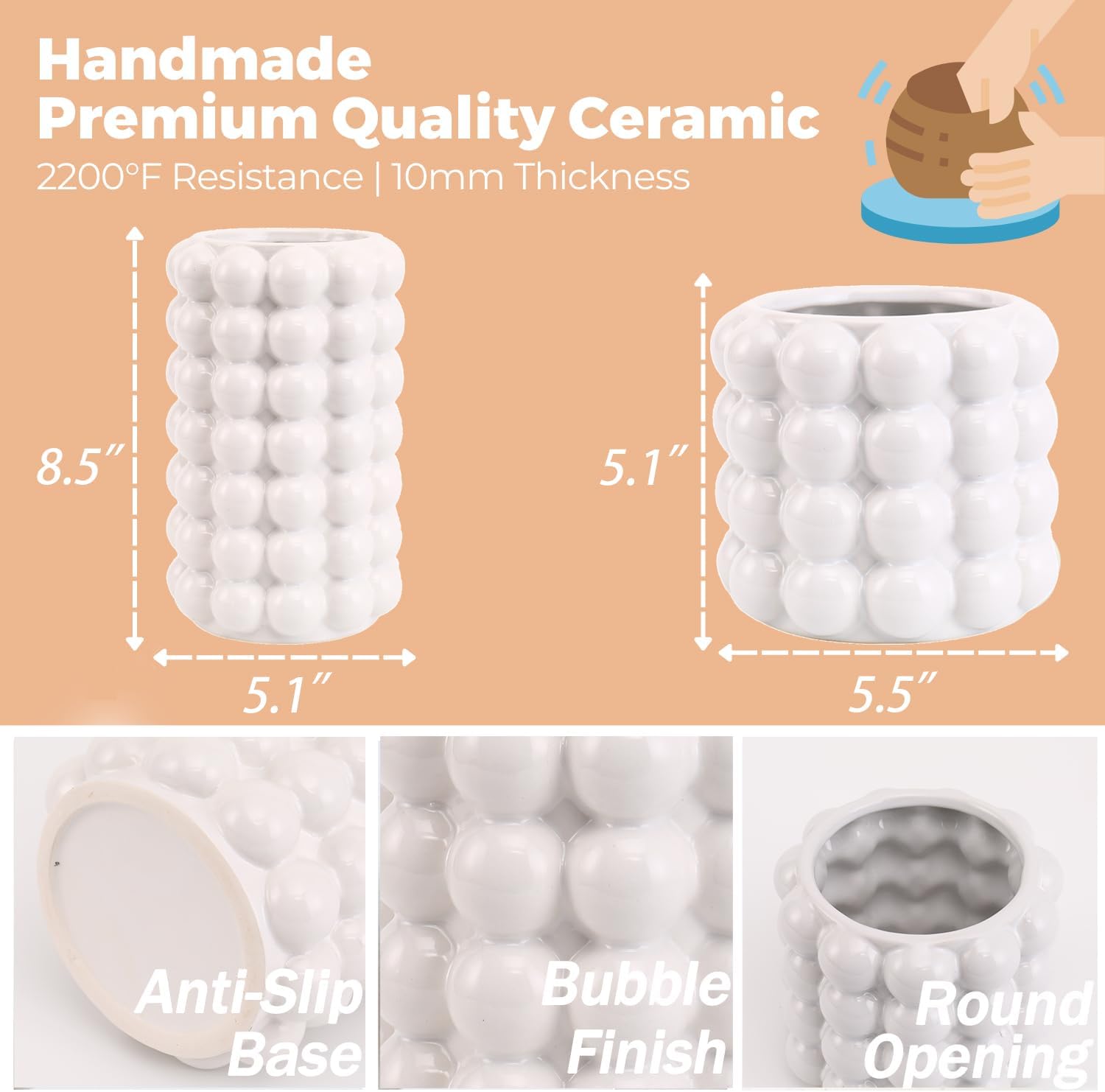 Set of 2 White Bubble Vases for Table Decor