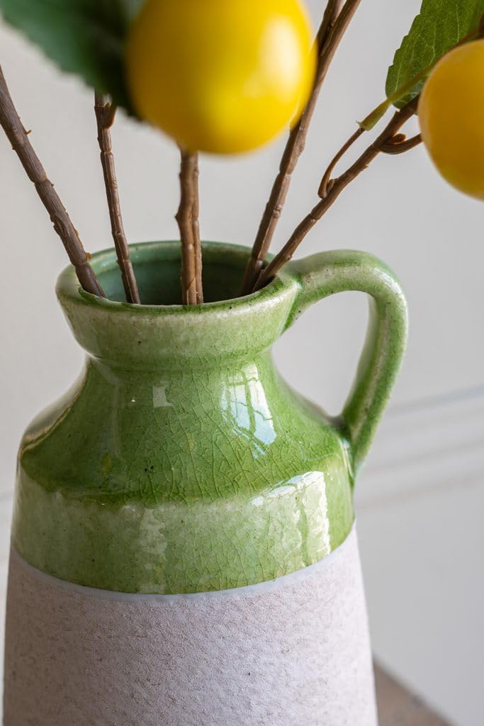 12 Tall Decorative Ceramic Jug Vase with Glossy Green and Natural Tan Finish