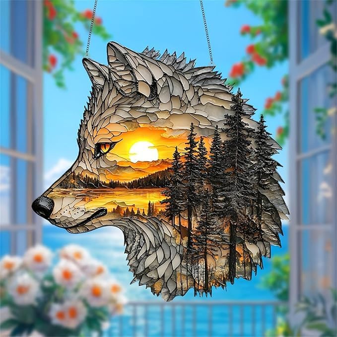 Wolf Sunset Acrylic Suncatcher 8x8 Inches Wall Decor