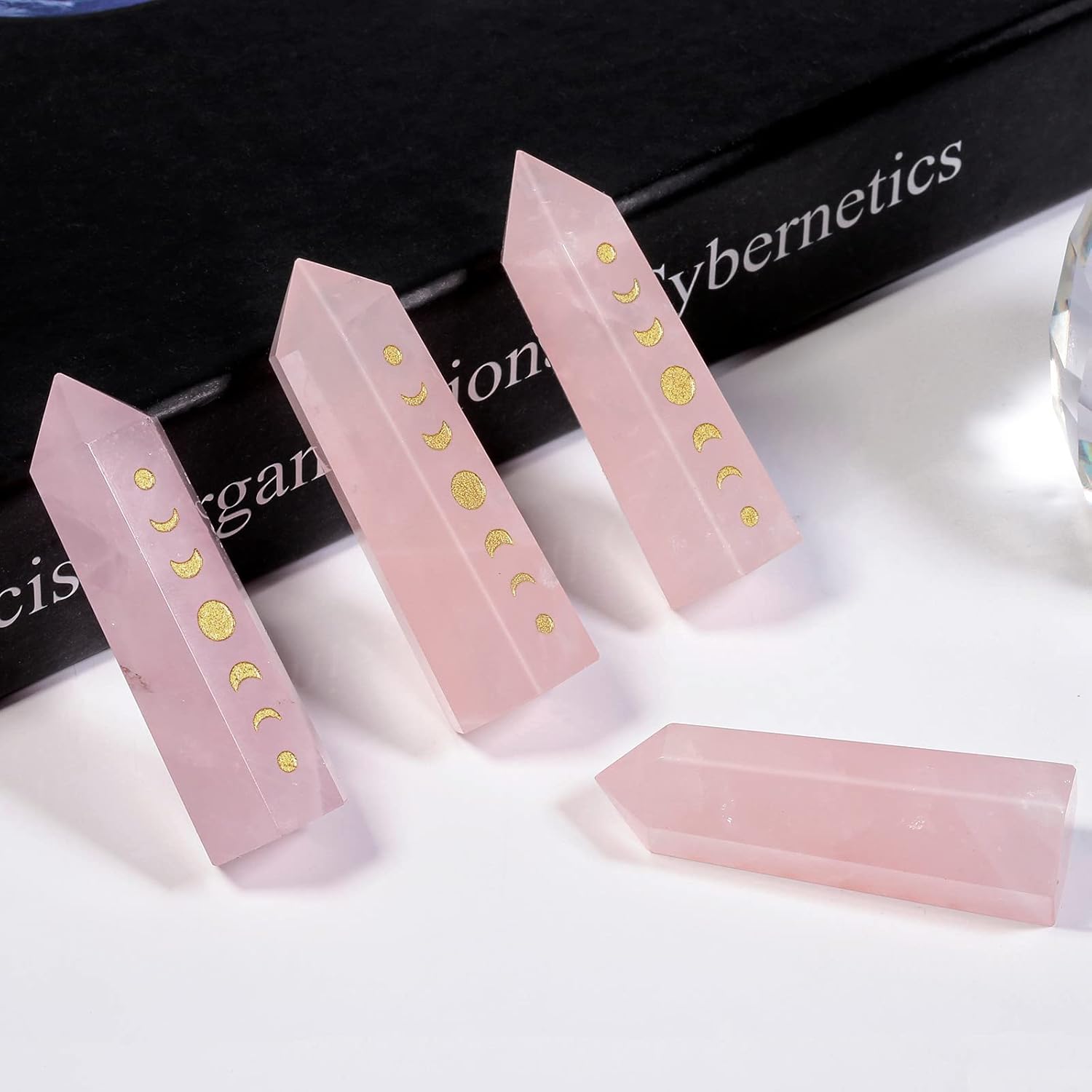 Rockcloud 3 Moon Phase Engraved Crystal Wands for Reiki Meditation and Home Decor