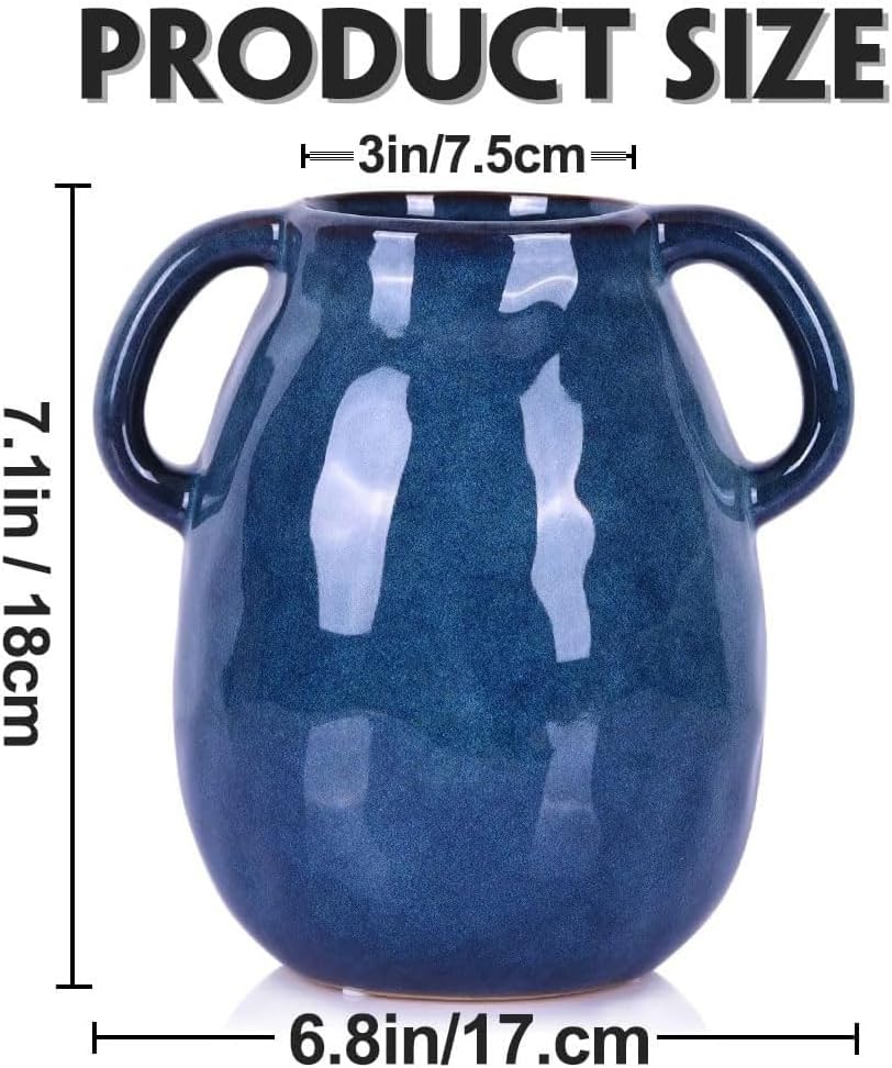 Blue Ceramic Vase with 2 Handles Modern Farmhouse Decor