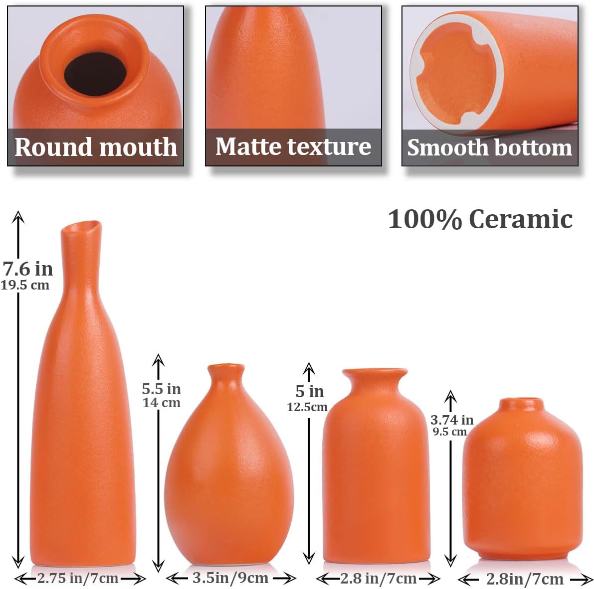 Orange Ceramic Bud Vases Set of 4 Farmhouse Decor