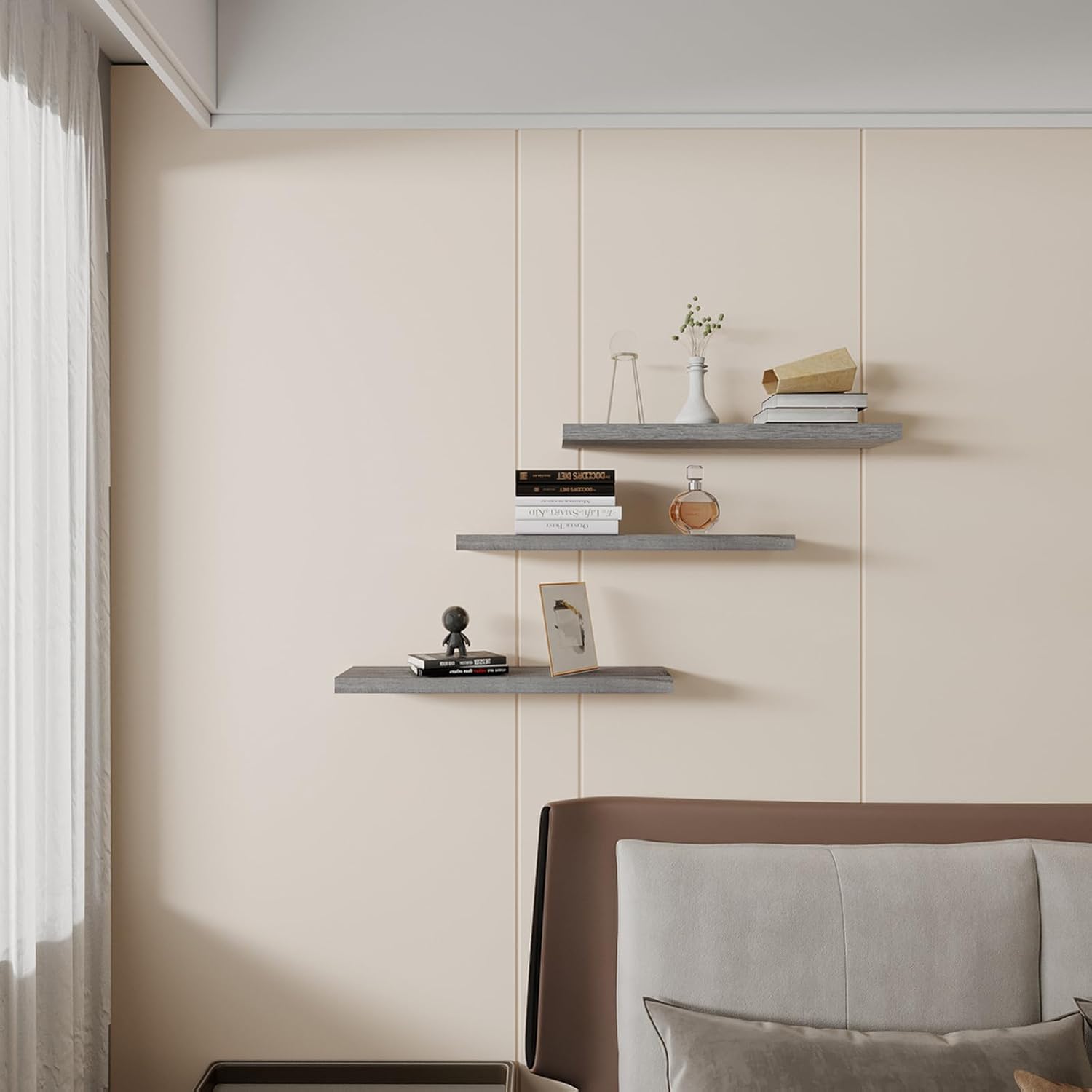 Rustic Grey Floating Shelves 24 Inch Set of 3 Solid Wood Wall Mounted Storage