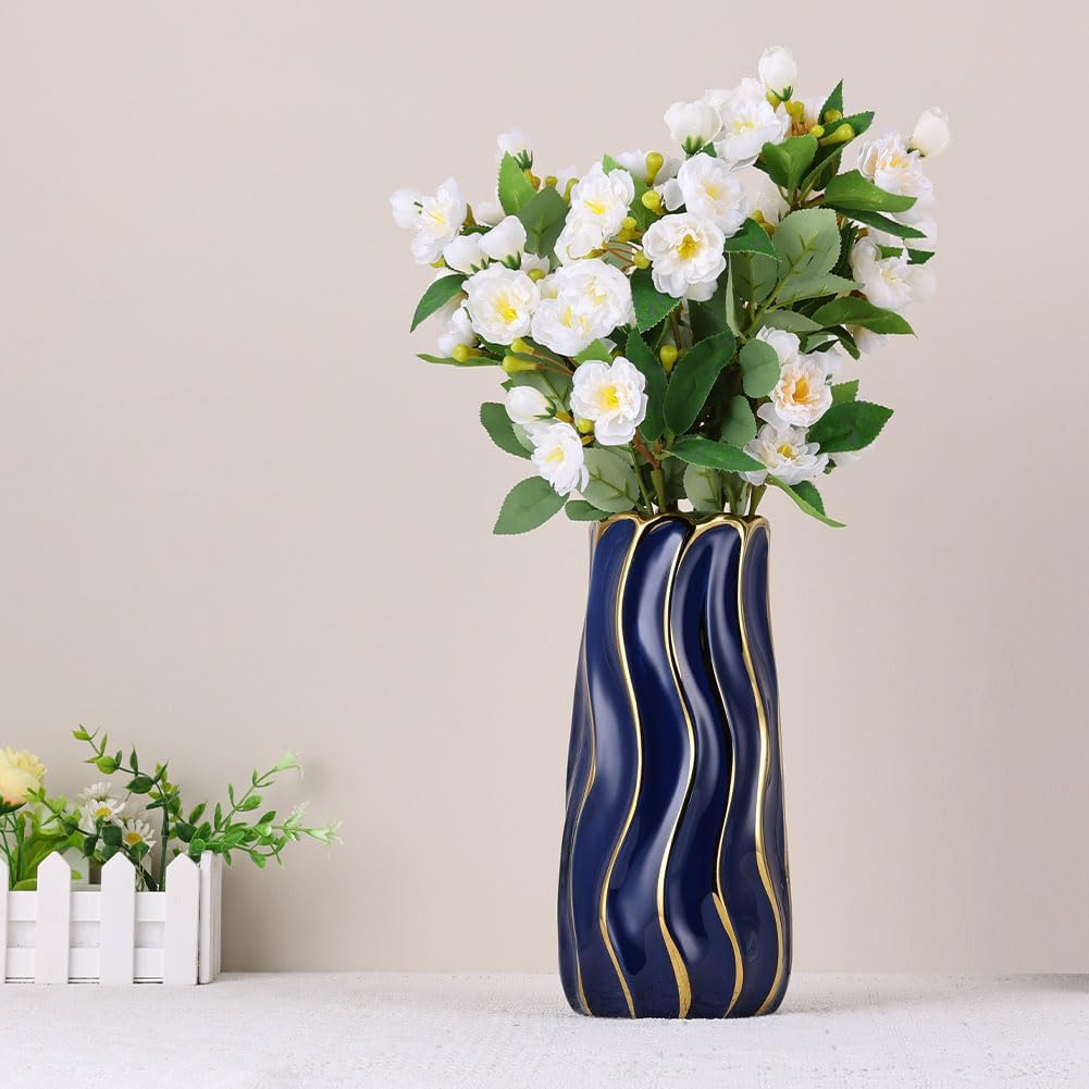 95 Inch Blue Ceramic Vase with Gold Accents