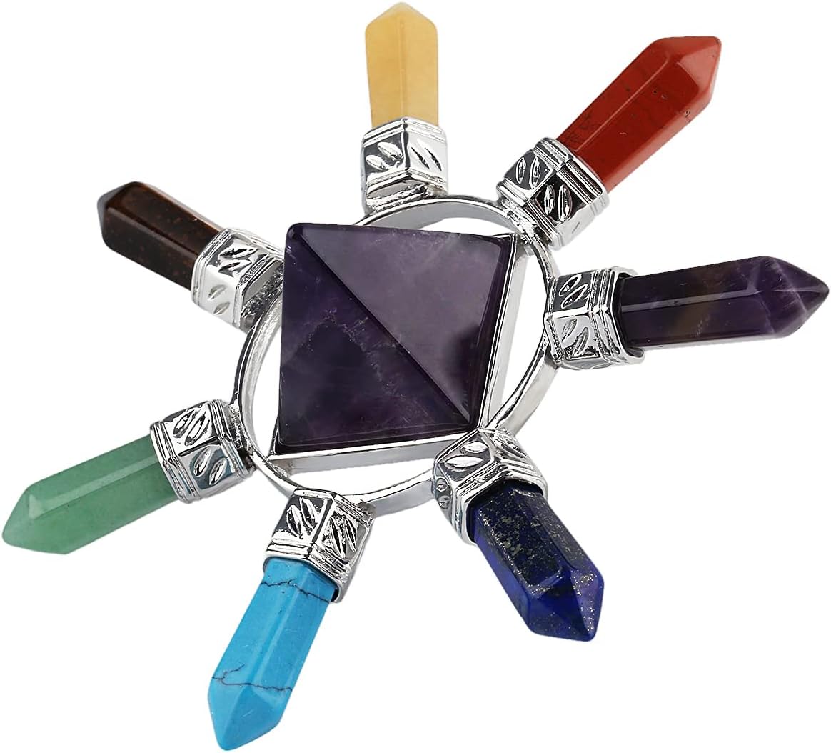 Rockcloud Amethyst Pyramid Energy Generator with 7 Chakra Stones