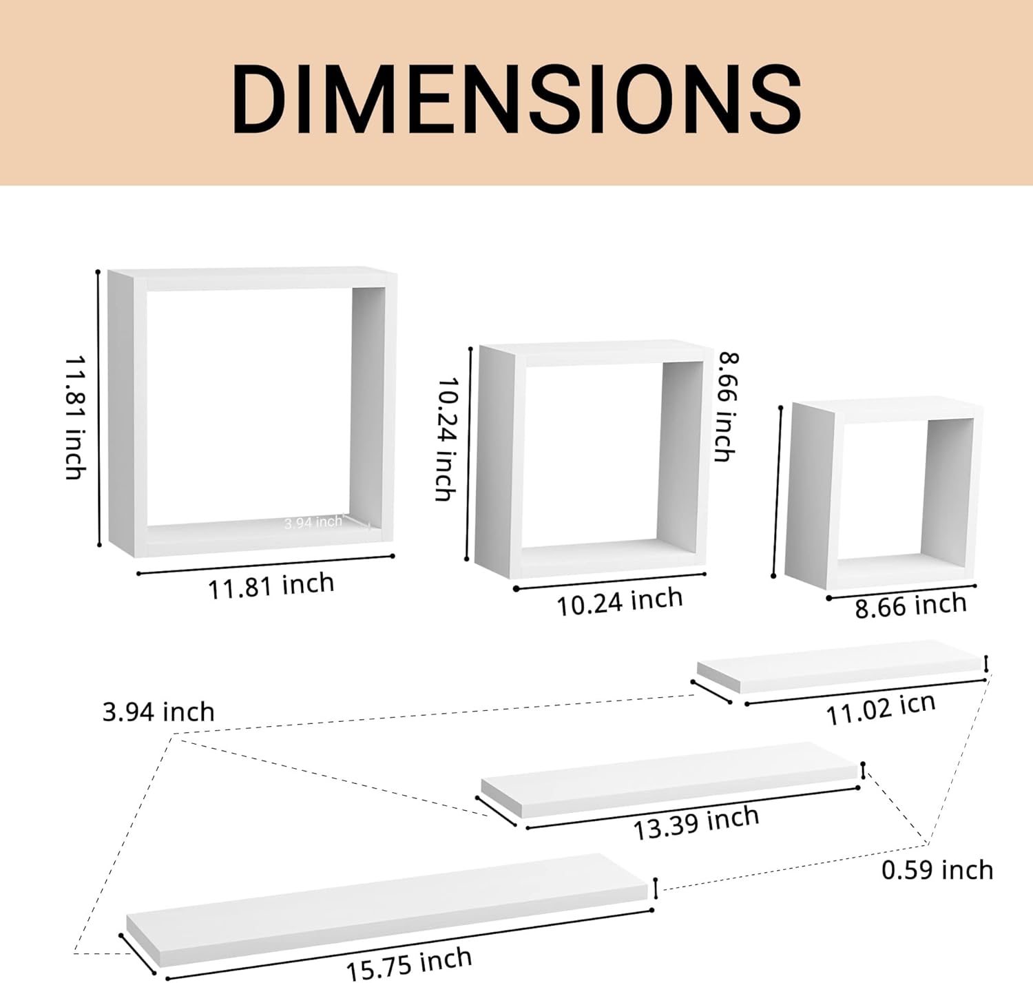 LUDORU Floating Cube Shelves Set of 6 White