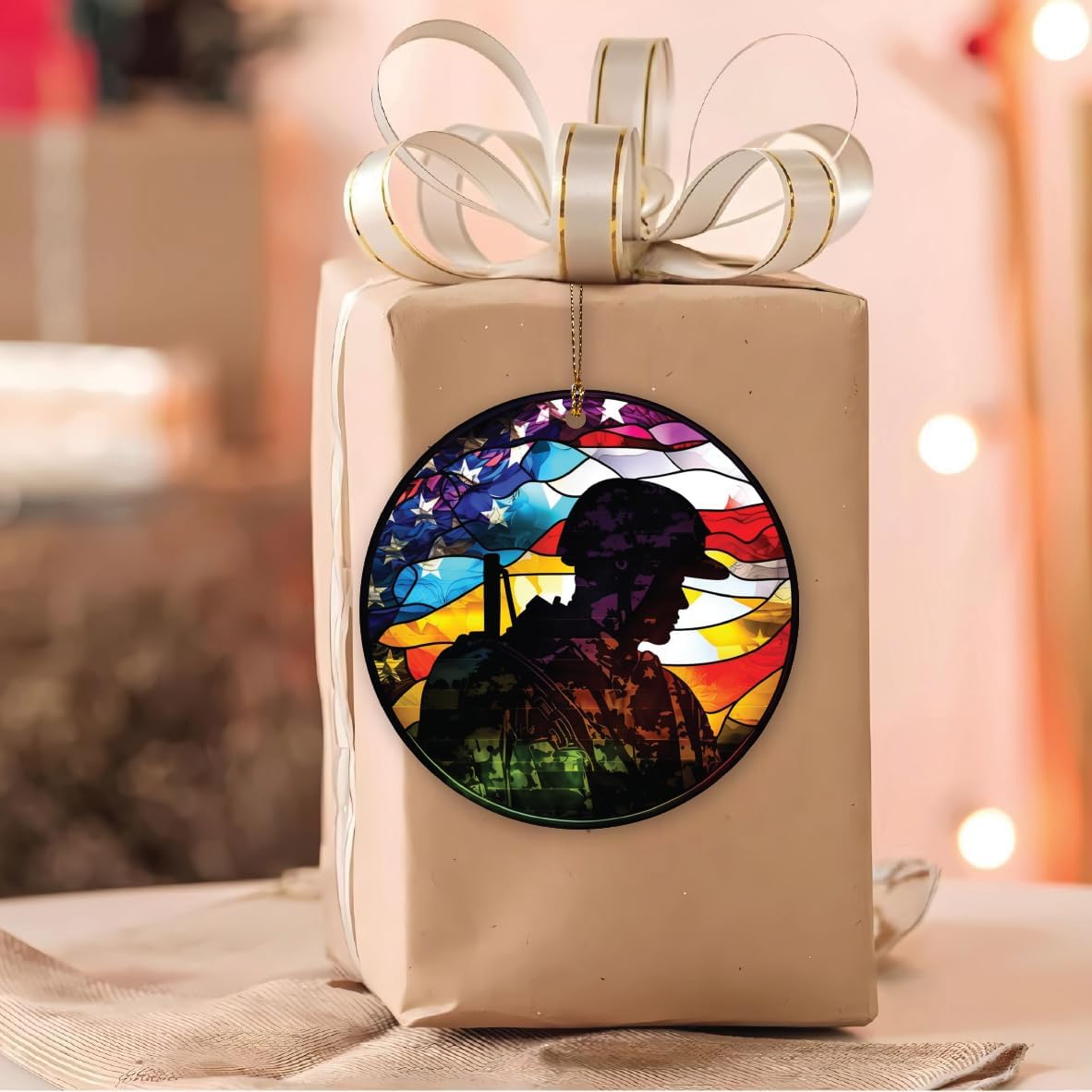 Patriotic Soldier Ornament with American Flag Design