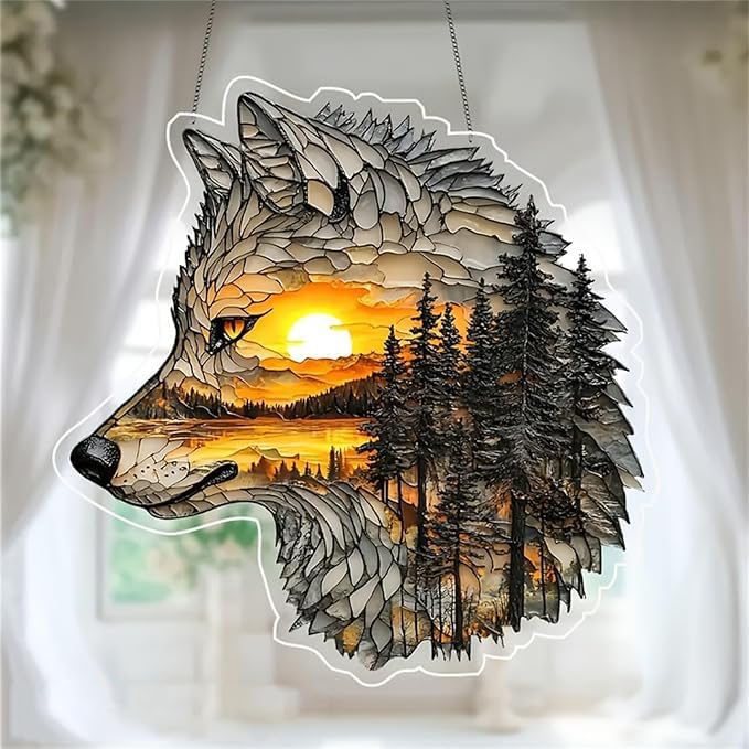 Wolf Sunset Acrylic Suncatcher 8x8 Inches Wall Decor