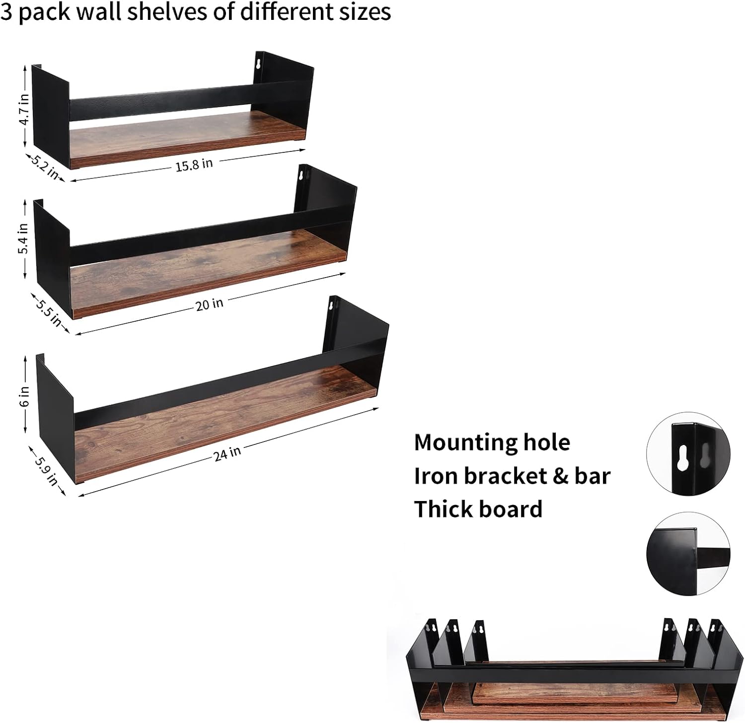 Giftgarden Black Iron Wood Floating Shelves 3 Pack
