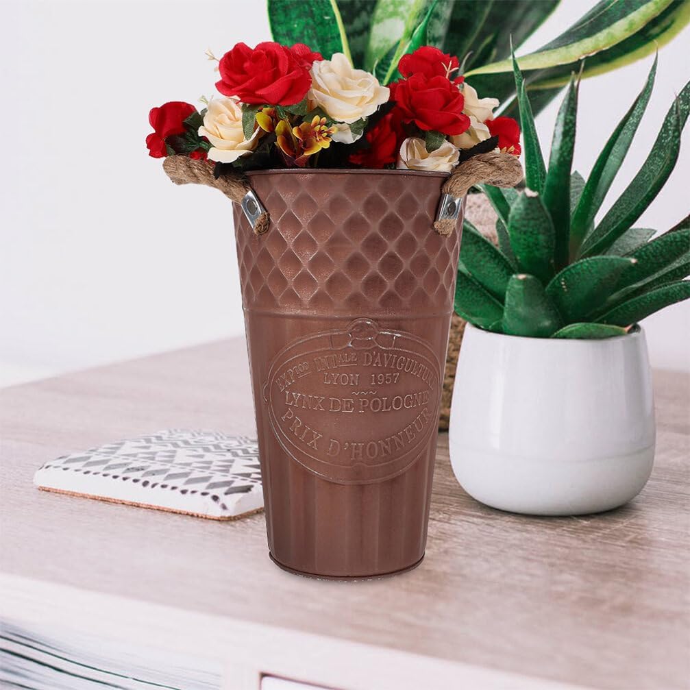 Yardwe Galvanized Metal Vase 13 Inch Rustic Flower Holder