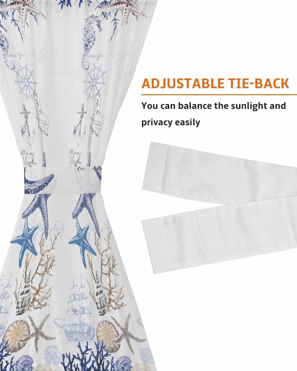 Vintage Ocean Door Curtain with Tiebacks for French Doors