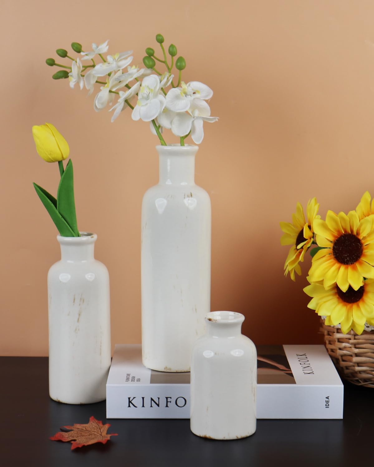 CheeryStow White Ceramic Vase Set of 3 - Crackle Glaze Farmhouse Decor