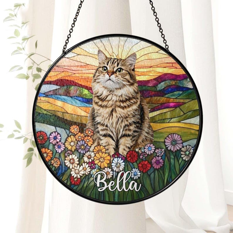 Custom Pet Stained Glass Ornament - Personalized Pet Name Photo Memorial Decor