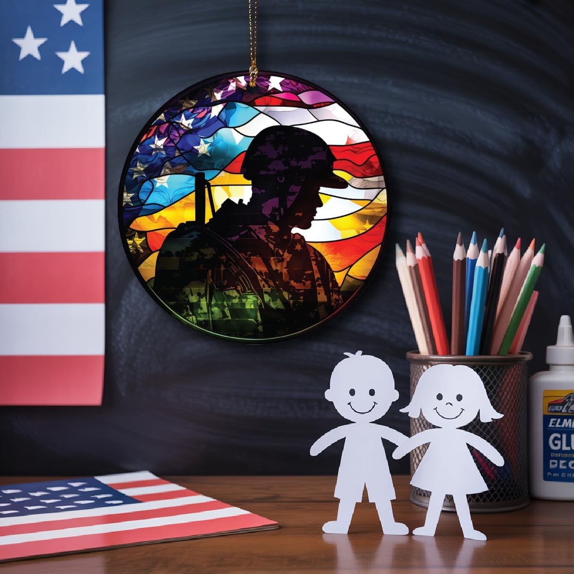 Patriotic Soldier Ornament with American Flag Design