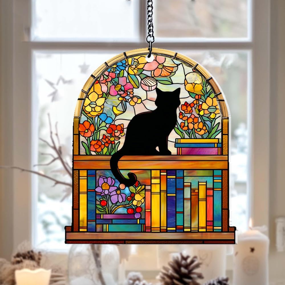 Custom Cat Books Suncatcher - Book Lover Decor Hanging Window Ornament