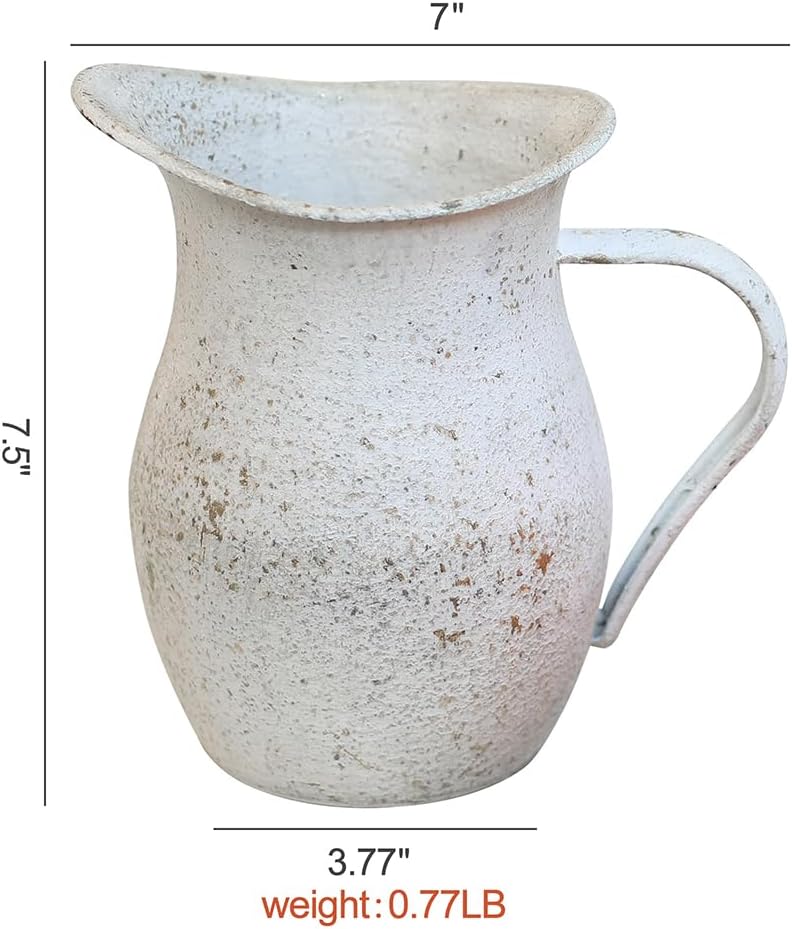 Rustic White Vintage Metal Flower Vase for Farmhouse Decor