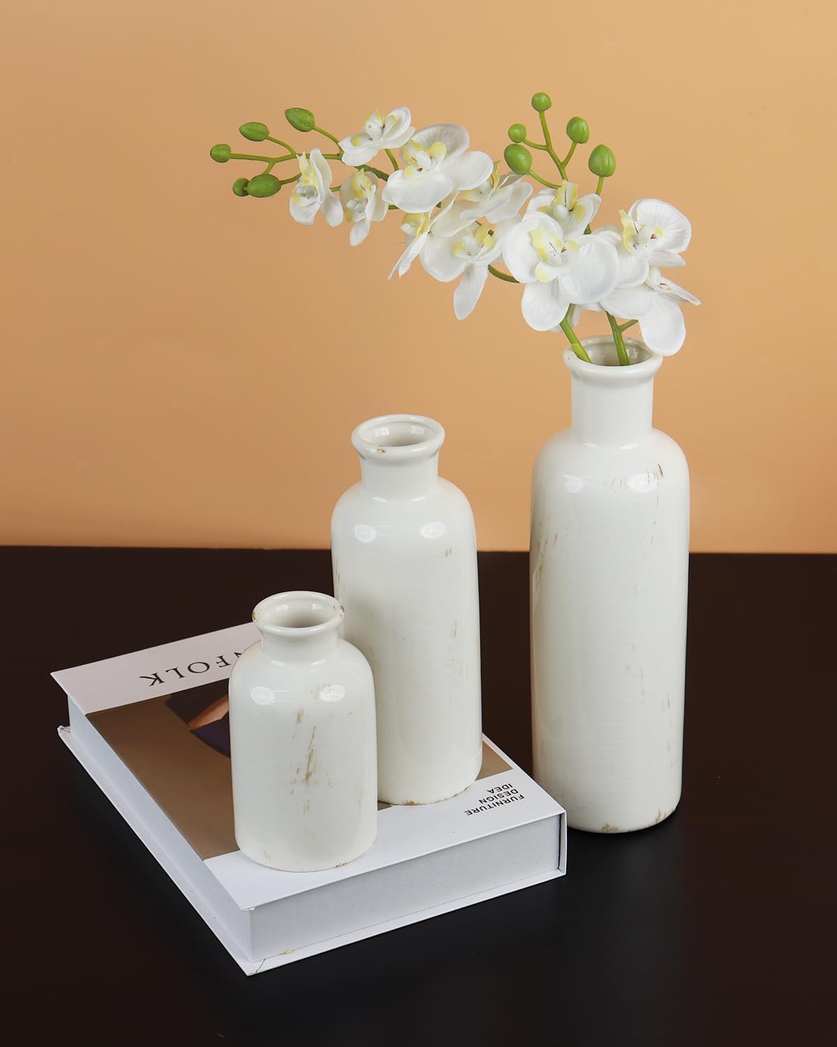 CheeryStow White Ceramic Vase Set of 3 - Crackle Glaze Farmhouse Decor