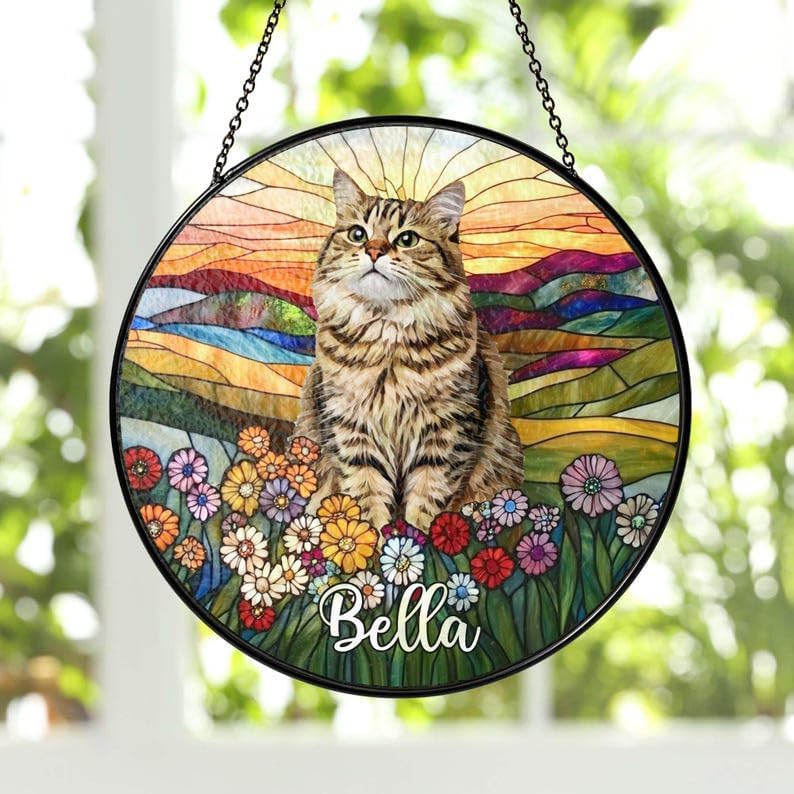 Custom Pet Stained Glass Ornament - Personalized Pet Name Photo Memorial Decor