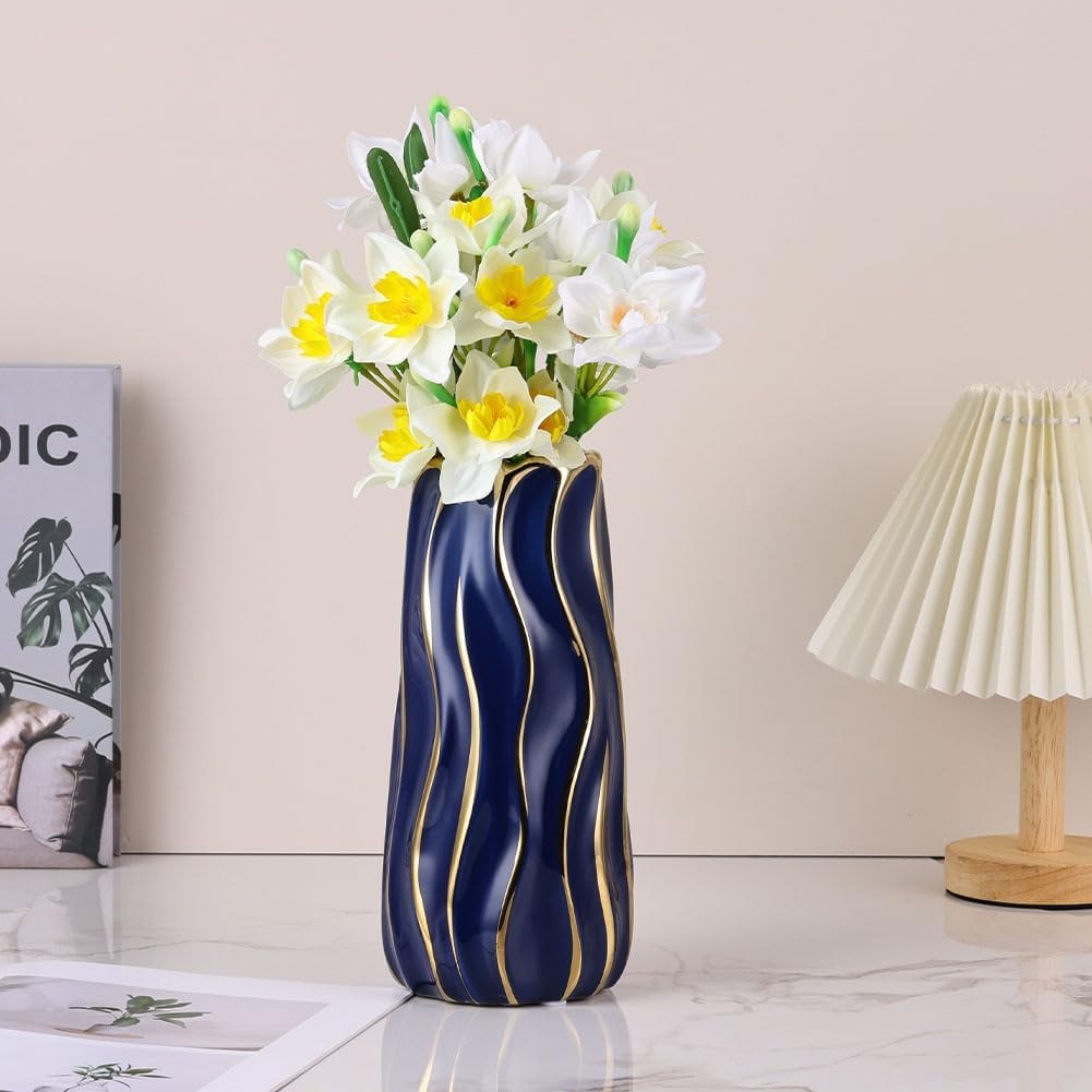 95 Inch Blue Ceramic Vase with Gold Accents