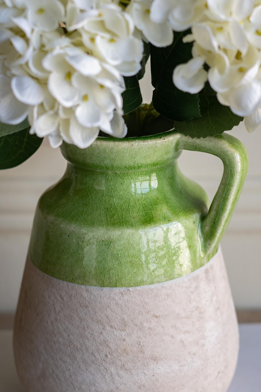 8 Tall Decorative Ceramic Jug Vase with Glossy Green and Natural Tan Finish