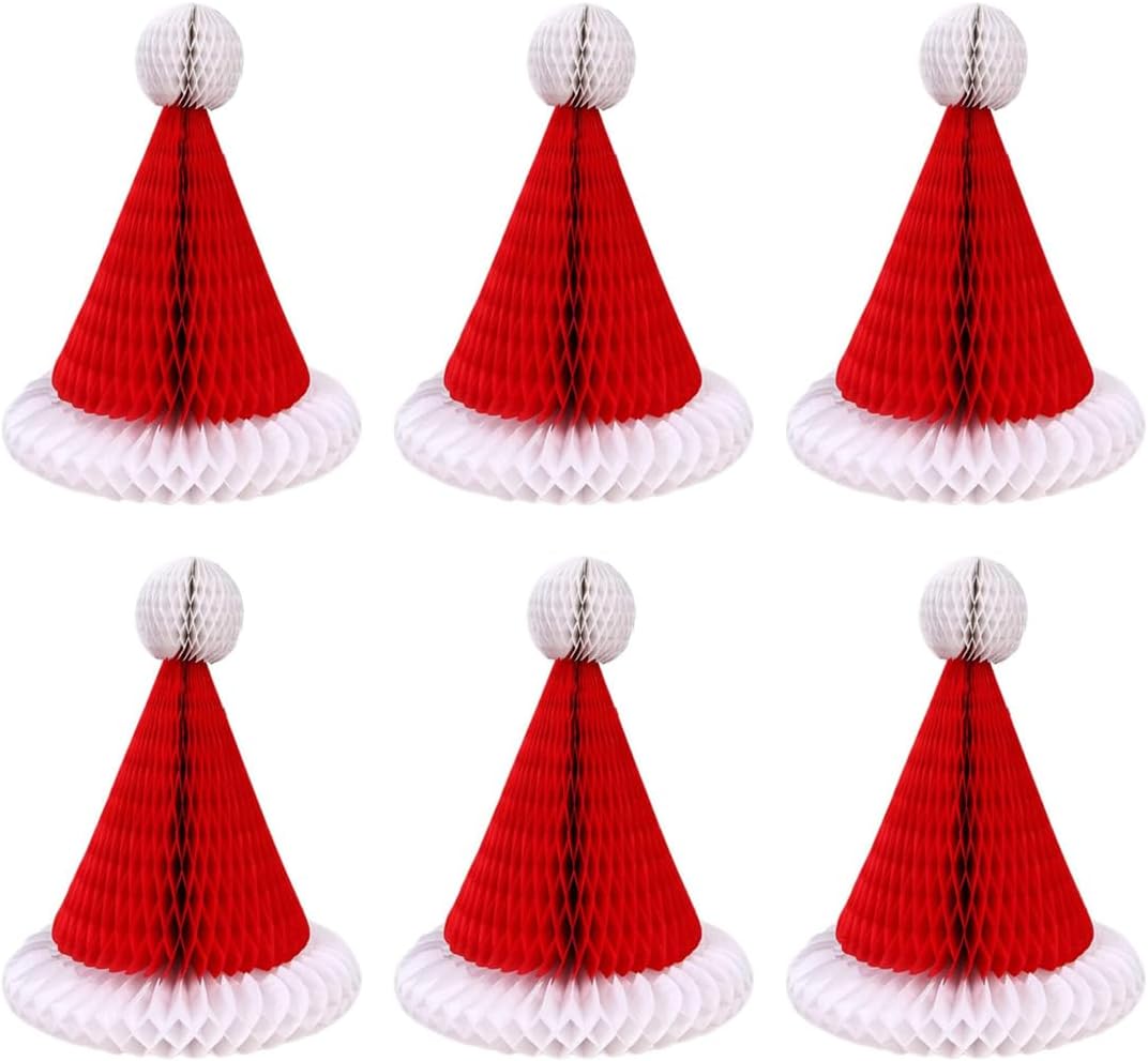 6Pcs Paper Flower Honeycomb Santa Hat Christmas Decorations