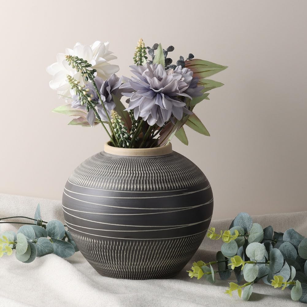 Modern Ceramic Vase with Black and Grey Stripes