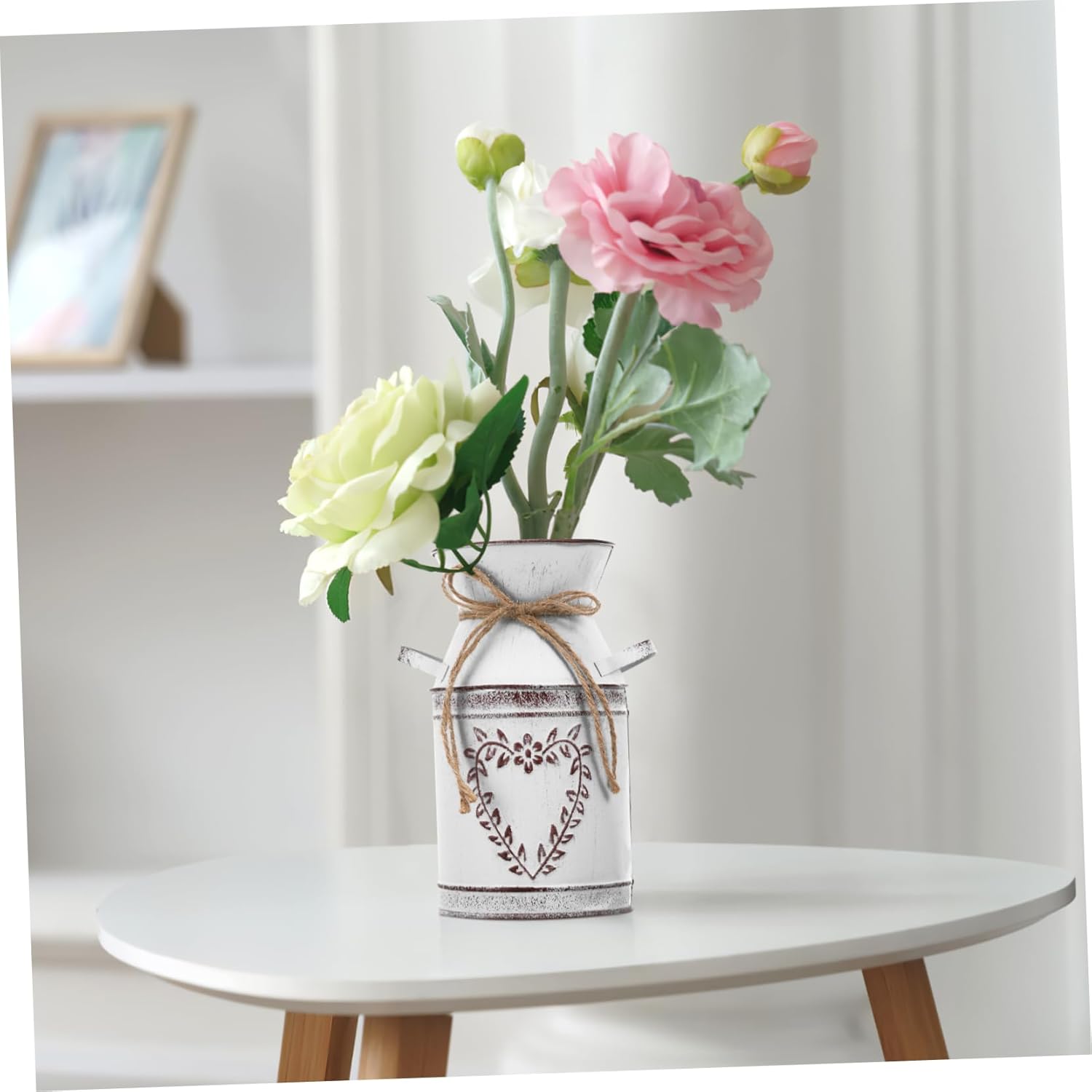 HOMSFOU Heart-Shaped Galvanized Flower Vase with Handle